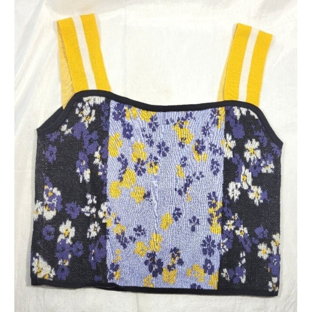 Urban Revivo Women's Retro Floral Knit Crop Tank Top - Blue/Yellow -‎ US Size 4